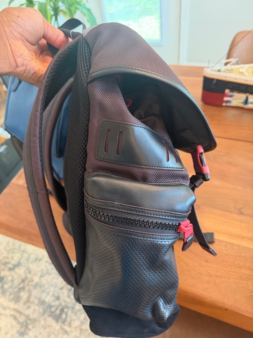 Coach Men's Dark Brown Leather Backpack with Pink Accents - Picture 2 of 4